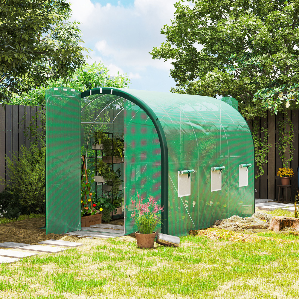 Outsunny 3 x 2 m Polytunnel Greenhouse, with Reinforced PE Cover, Windows and Doors - Green