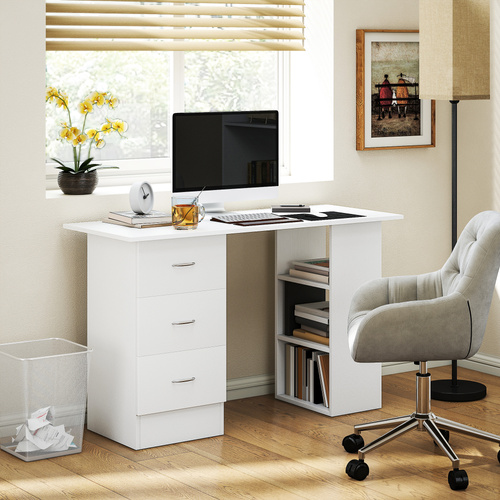 HOMCOM Computer Desk, Home Office Desk, Writing Table, PC Workstation with 3 Storage Shelves and 3 Drawers for Working, Study, 120 x 49 x 72 cm, White