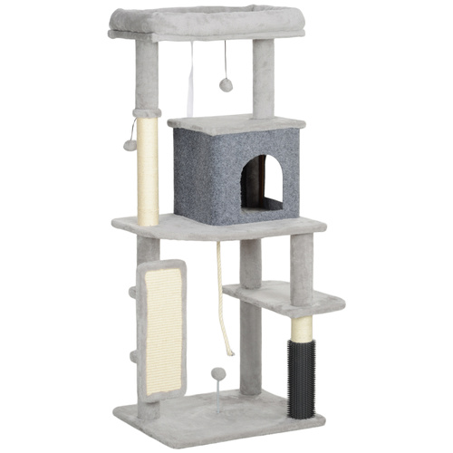 PawHut 132cm Cat Tree w/ Scratching Posts, Pad, Cat Bed, Cat House, Jumping Platform, Grooming Brush, Anti-Tip Kit, Light Grey