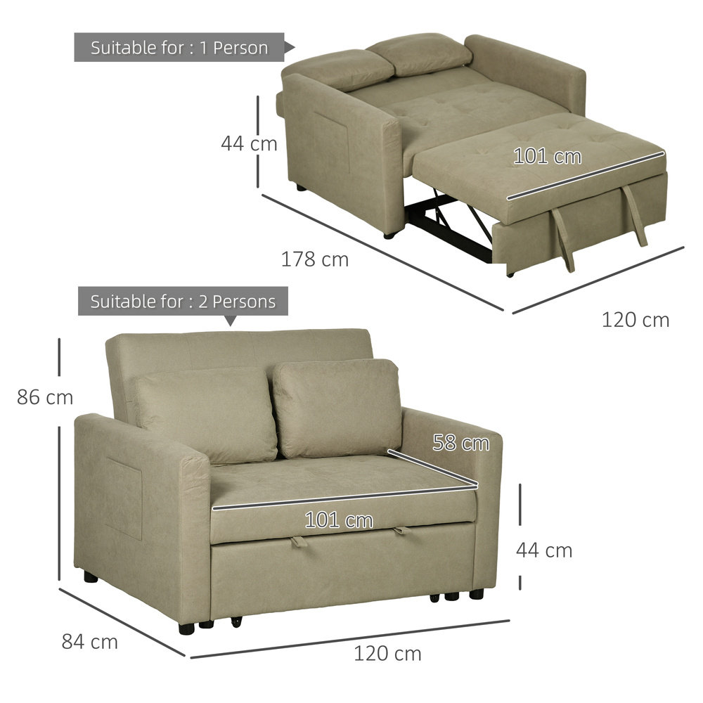 HOMCOM Loveseat Sofa Bed, Convertible Bed Settee with 2 Pillows, Side Pockets, Light Brown