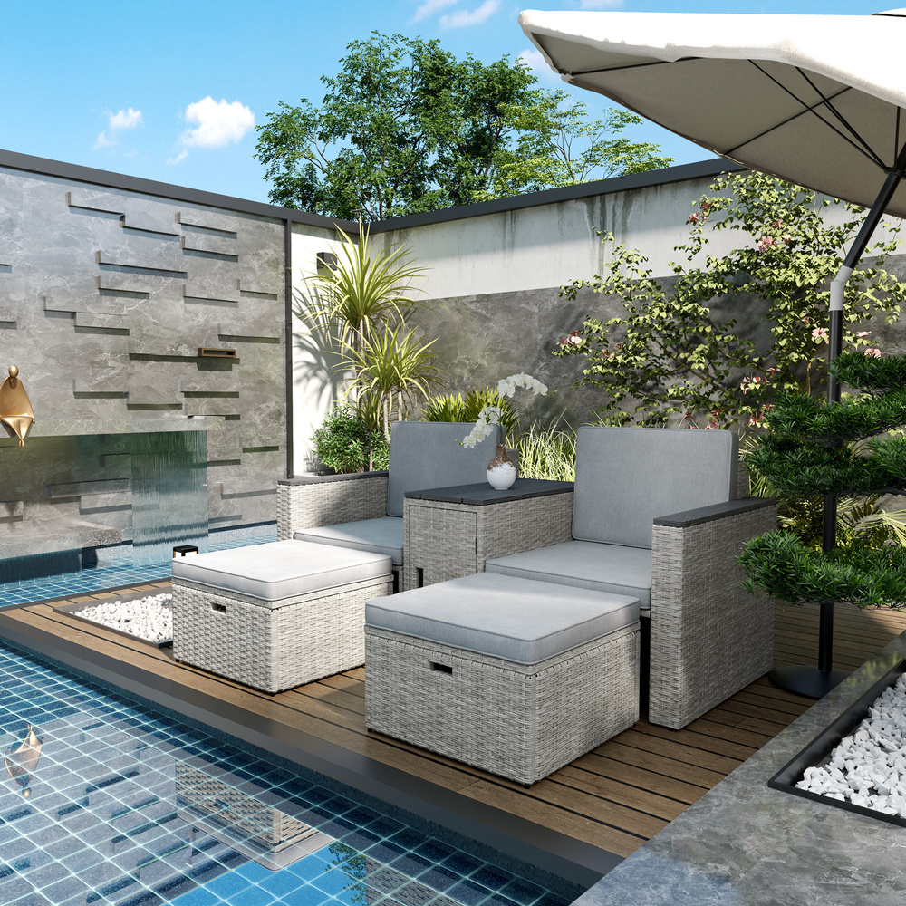 Outsunny 5 Piece Rattan Garden Furniture Set with Storage Table, Footstools, Cushions, Grey