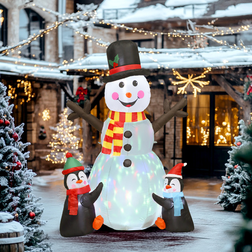 Outsunny 6FT Christmas Inflatables Snowman & Penguins with Built-in LED Lights and Flashing Projector Light, Blow Up Christmas Inflatable Decoration for Indoor Outdoor Decor, Garden