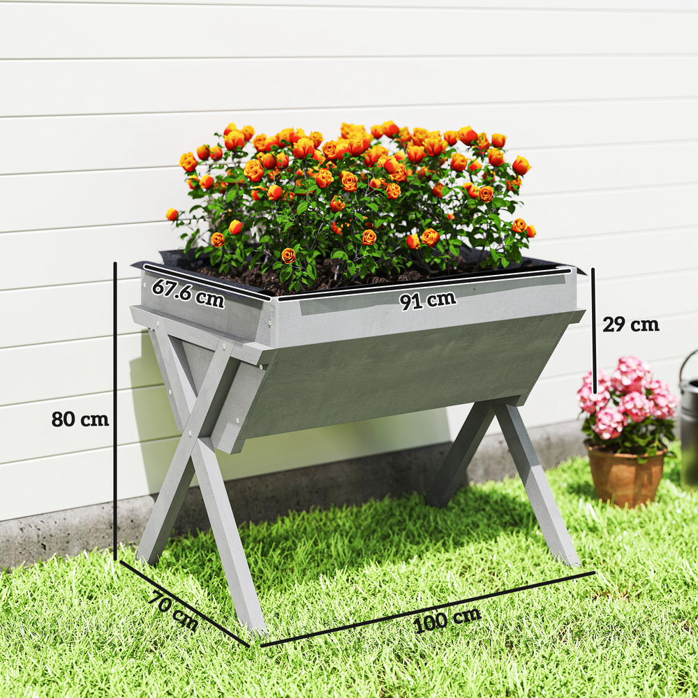 Outsunny Wooden Raised Garden Bed with Bed Liner, Elevated Planter Box with Legs, Light Grey