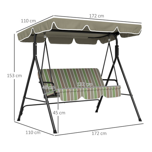 Outsunny Three-Seater Garden Swing Chair, with Adjustable Canopy - Green