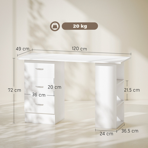 HOMCOM Computer Desk, Home Office Desk, Writing Table, PC Workstation with 3 Storage Shelves and 3 Drawers for Working, Study, 120 x 49 x 72 cm, White