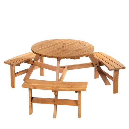 Outsunny 6 Seater Wooden Picnic Table and Garden Benches Set, Round Garden Dining Set with 3 Benches and Umbrella Hole Outdoor Garden Park, Brownish Red