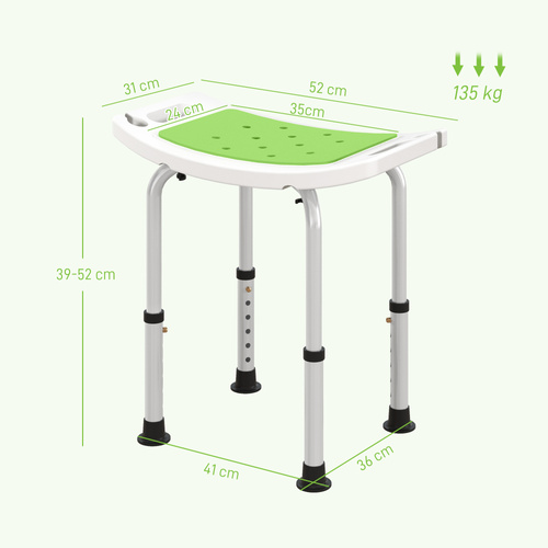 HOMCOM Shower Chair, Adjustable Height Shower Stool with Aluminium Frame and Non-Slip Feet, Bathtub Stool Seat for Elderly Disabled Handicap, Green