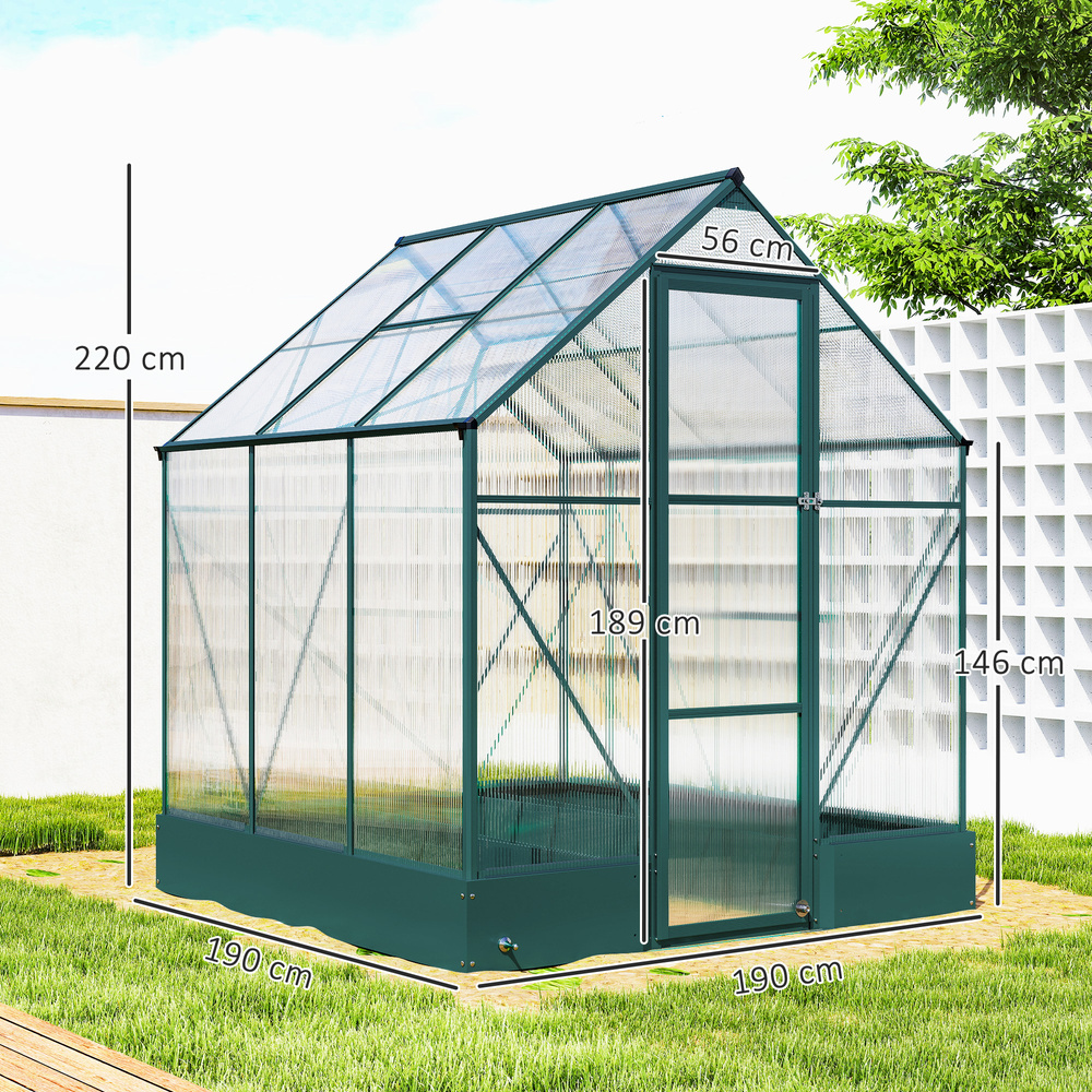 Outsunny 6x6 FT Polycarbonate Greenhouse with Base and Raised Bed, Walk-in Greenhouse with Aluminium Frame, Temperature Controlled Window, Foundation for Plants, Flowers, Vegetable