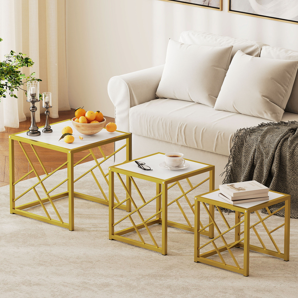 HOMCOM Nesting Coffee Tables, Set of 3 Square Side Tables with Black Metal Frame, for Living Room, Bedroom and Office, White