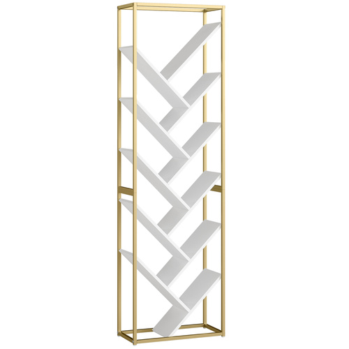HOMCOM 10 Shelf Modern-Style Bookshelf - Gold Tone/White