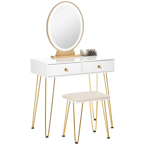 HOMCOM Dressing Table with LED Mirror and Cushioned Stool, Vanity Desk with Acrylic Lipstick Holder and 2 Drawers, Makeup Table for Bedroom, White