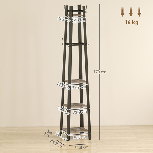 HOMCOM Industrial-Style Four Shelf Coat Stand - Grey/Black