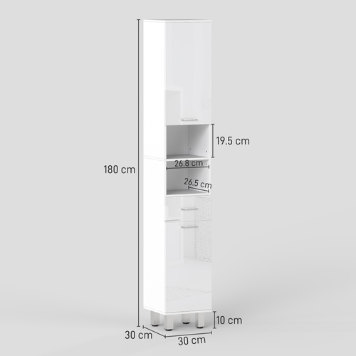 kleankin 71" Tall Slim Bathroom Storage Cabinet, Tall Narrow Cupboard with Drawer, Open Shelves, 2 Doors Cabinets and Adjustable Shelves for Kitchen, Hallway, Living Room, High Gloss White