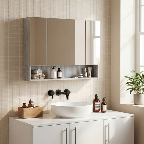 kleankin Bathroom Mirror Cabinet, Wall Mounted Storage Cabinet with Adjustable Shelves, 3 Doors and Cupboards, Grey