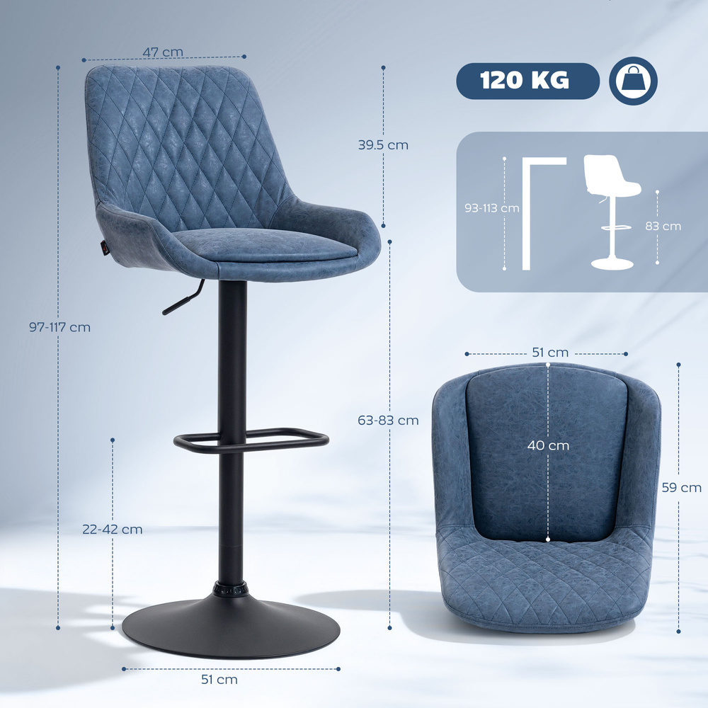 HOMCOM Set of Two Faux Leather Retro Bar Stools, with 7cm thick padded cushion - Dark Blue