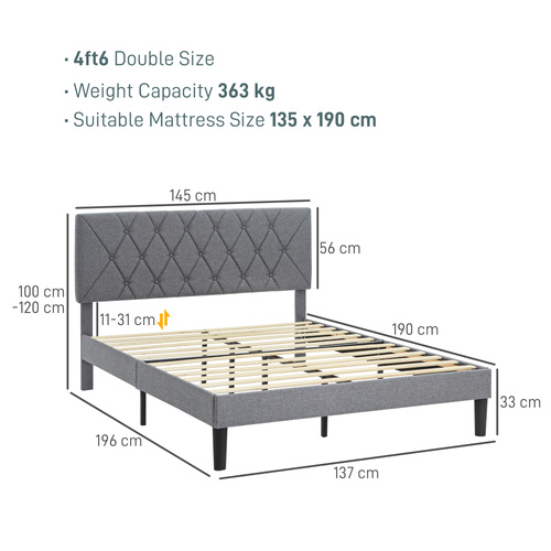 HOMCOM Double Bed Frame with 5-Level Adjustable Linen Upholstered Headboard 145W x 196D x 120Hcm, Grey