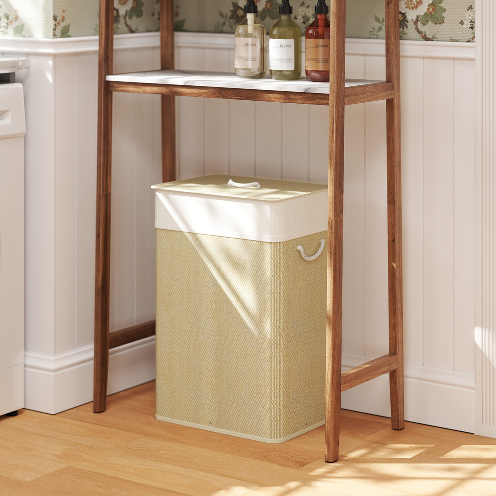 HOMCOM Bamboo Laundry Basket with Lid, 72L Laundry Hamper with Rope Handles, Washing Basket with Removable Washable Liner Bag for Bathroom, Bedroom, Nature Wood Finish