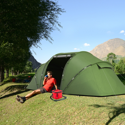 Outsunny 4-6 Man Camping Tent with Living Area and 2 Bedrooms, Hiking Sun Shelter, UV Protection Tunnel Tent, Dark Green