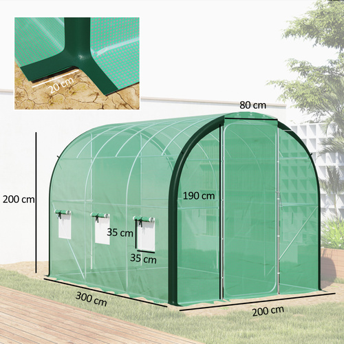 Outsunny 3 x 2 m Polytunnel Greenhouse, with Reinforced PE Cover, Windows and Doors - Green