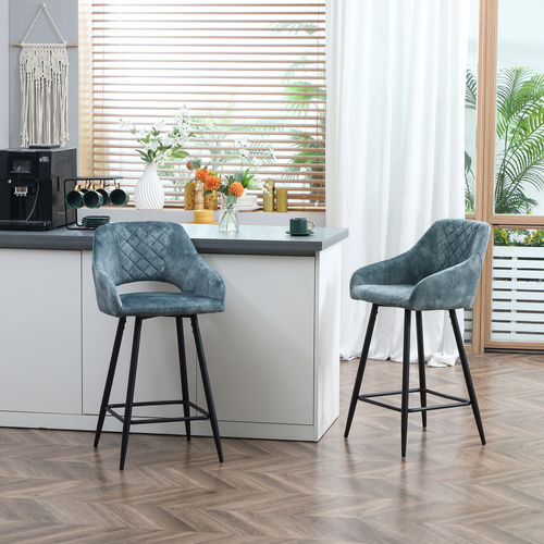 HOMCOM Bar Stools Set of 2, Velvet-Touch Fabric Counter Height Bar Chairs, Kitchen Stools with Steel Legs, Blue