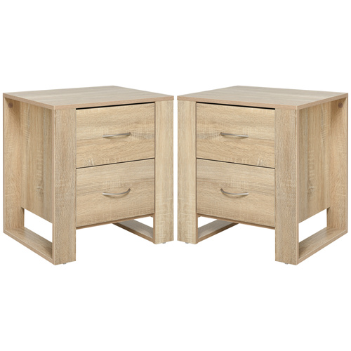 HOMCOM Bedside Table with 2 Drawers, Nightstand with Handles and Elevated Base, Side Table for Bedroom, Living Room, Set of 2, Brown