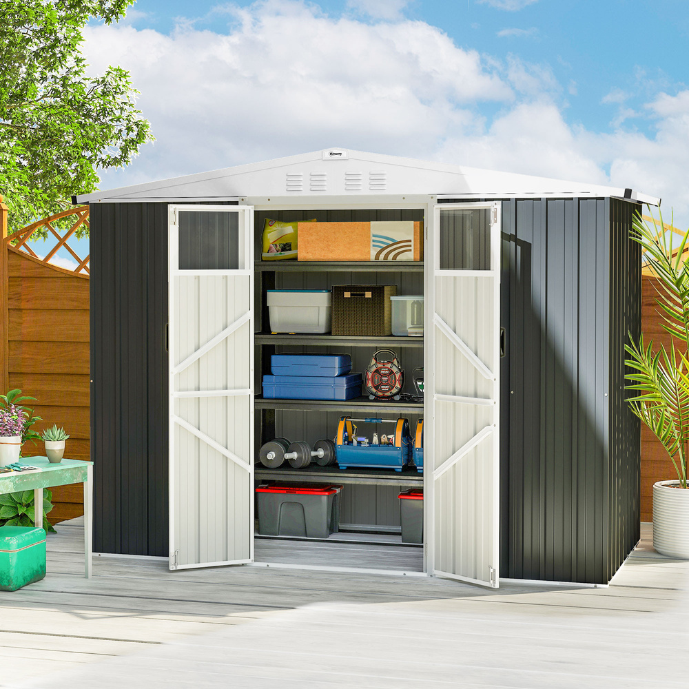 Outsunny 8 x 4 ft Metal Garden Shed, Garden Storage Shed with Window, 4 Vents and Lockable Door, Waterproof Galvanised Steel Tool Storage Cabinet, Dark Grey