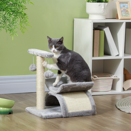 PawHut Cat Tree, Cat Tower for Kittens with Rotatable Top Bar, Sisal Scratching Post, Tunnel, Dangling Balls - Grey