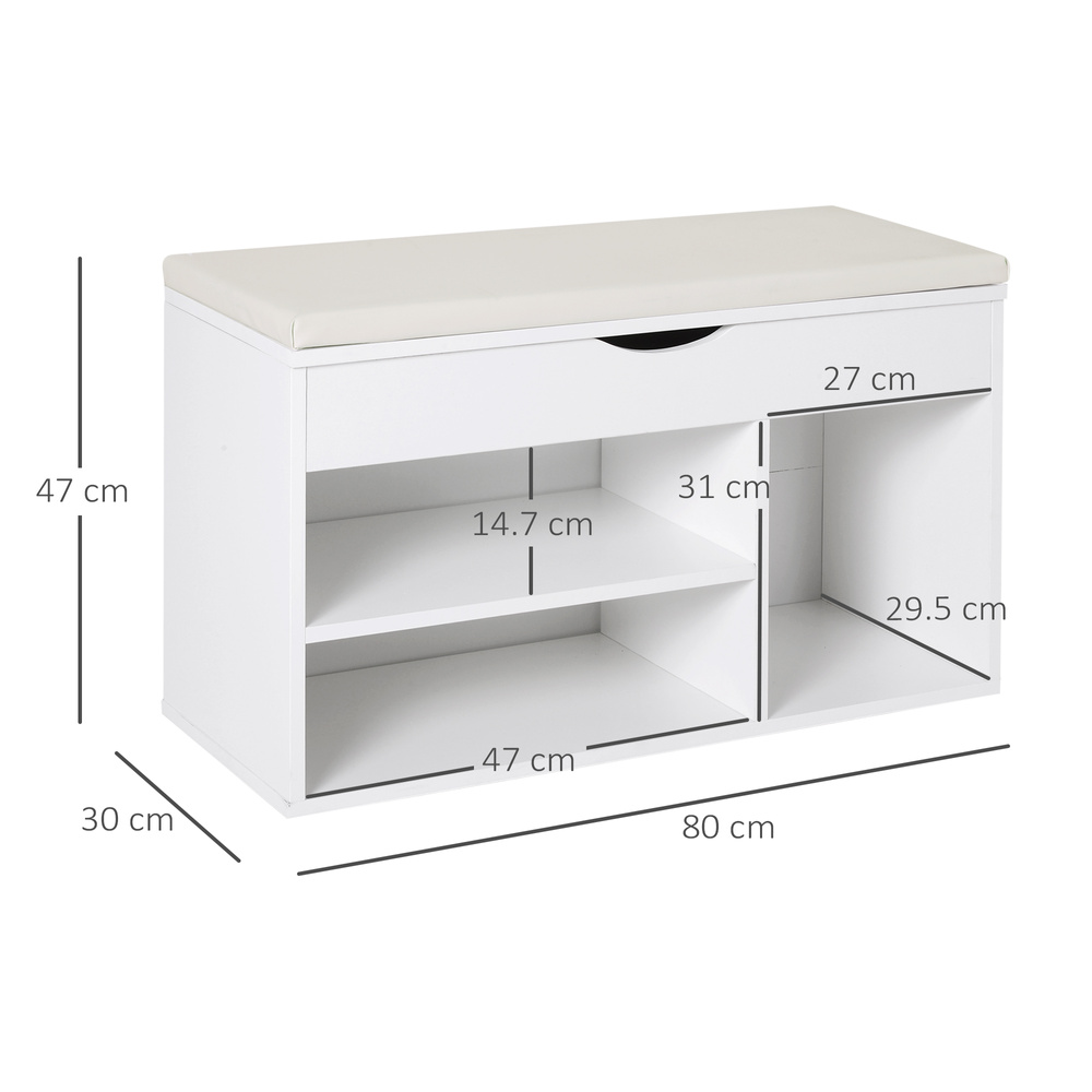 HOMCOM Wooden Shoes Cabinet Bench Hidden Storage Padded Seat Organiser Footwear Rack Hallway White 80 x 30 x 47 cm