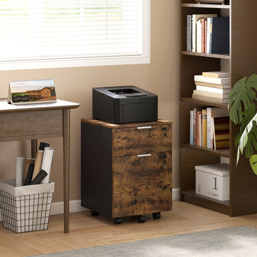 HOMCOM Two-Drawer Lockable Filing Cabinet - Black and Rustic Brown