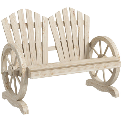 Outsunny Fir Wood Love Seats with Wheel-Shaped Armrests, Large Load-Bearing Chair, Natural Wood Finish