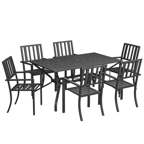 Outsunny 7 Pieces Garden Table and Chairs 6 Seater Outdoor Table and Chairs with Umbrella Hole, for Poolside, Garden, Black
