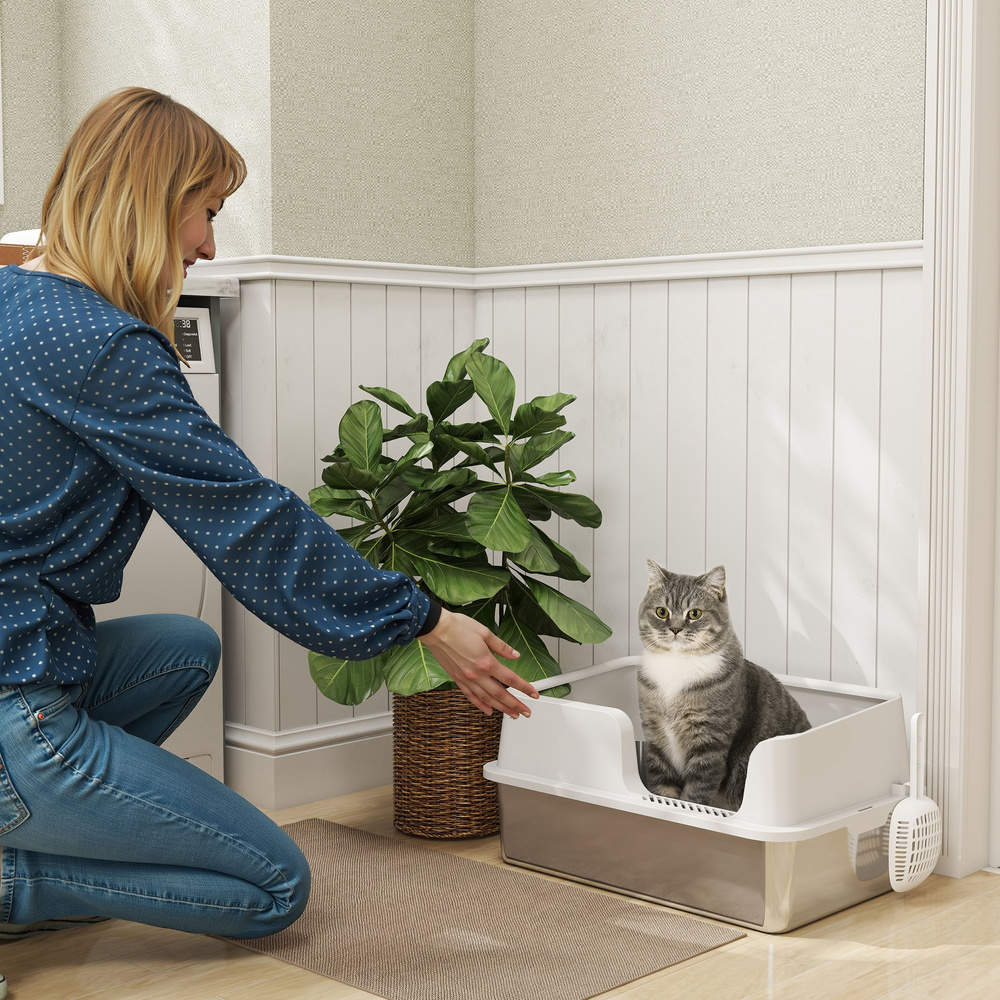 PawHut Stainless Steel Litter Box with Detachable Rim, Scoop, Easy Cleaning, Odour-Resistant, 60 x 40 x 28 cm