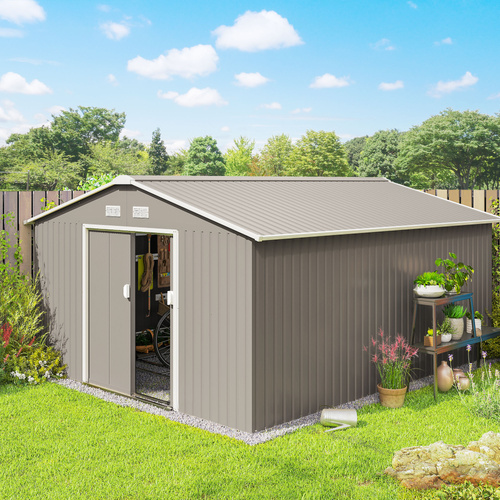 Outsunny 13 x 11ft Large Garden Shed, Mental Garden Storage Shed with Foundation Kit Ventilation & Doors, Light Grey
