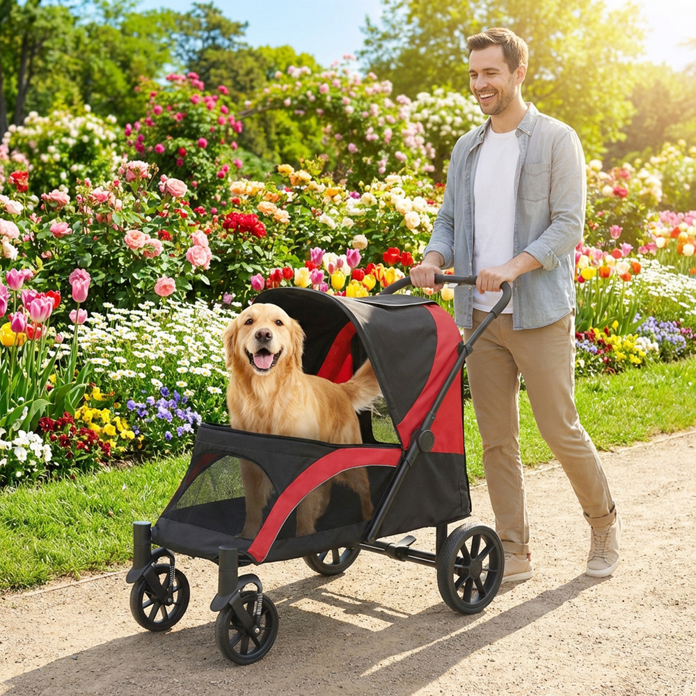 PawHut Foldable Pet Stroller for Large Dogs with Four Big Wheels, Shock-Absorbing Frame, Safety Leashes, Brakes, Red/Black