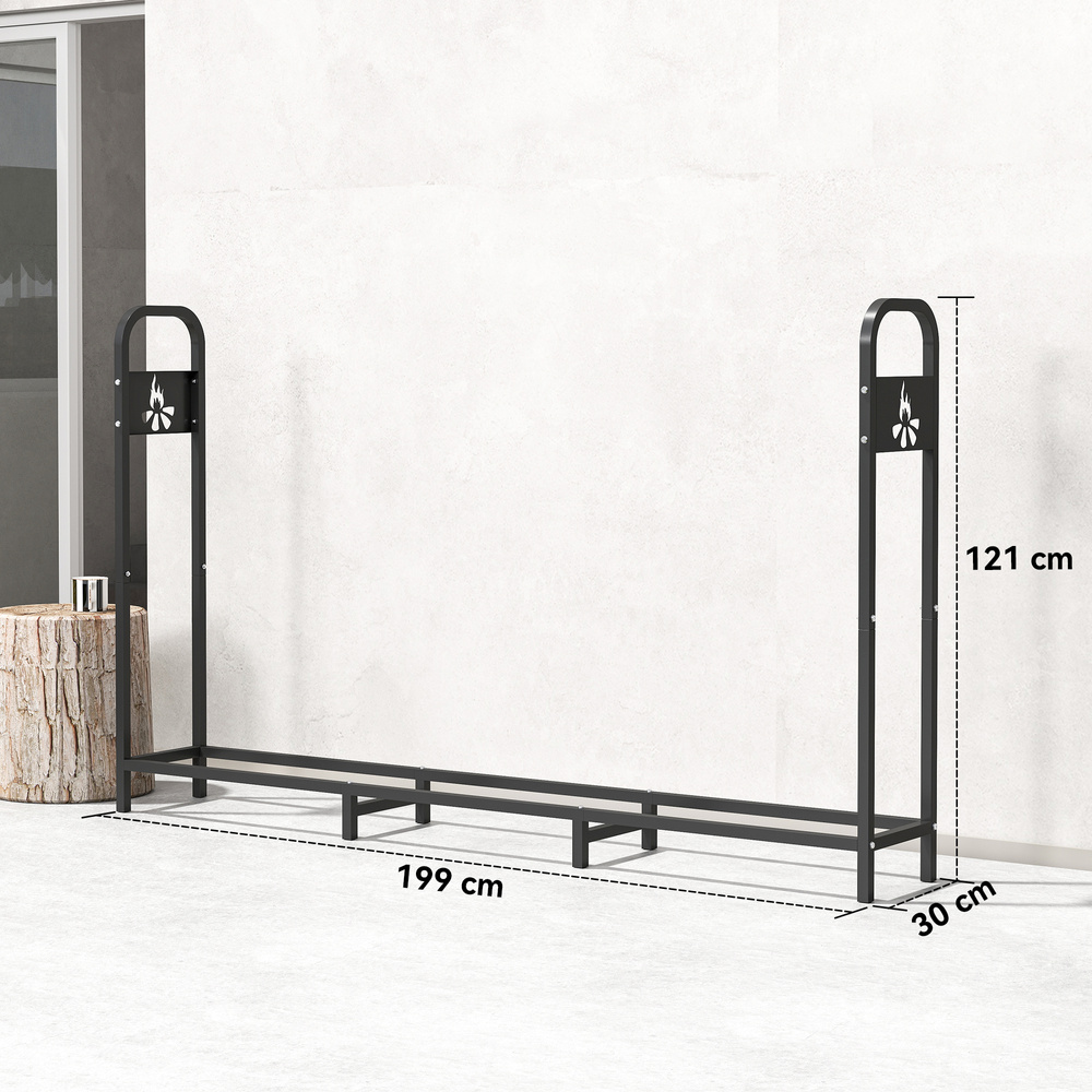 Outsunny 6.5 FT Steel Firewood Log Rack with 300 kg Capacity, Heavy Duty Indoor Outdoor Fireplace Wood Storage Shelf, Log Holder/Stand with Extra Support Legs, Decorative Bonfire Pattern, Black