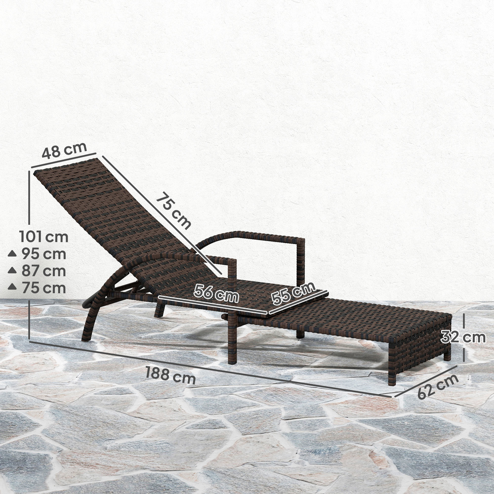 Outsunny Reclining Rattan Lounger, with Extending Footrest - Brown