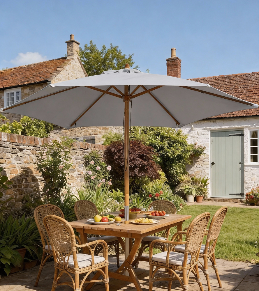 Outsunny 2.5m Wood Garden Parasol Sun Shade Patio Outdoor Wooden Umbrella Canopy, Table Market Umbrella with Vent, 38mm Pole, Rope Pulley Mechanism, Grey