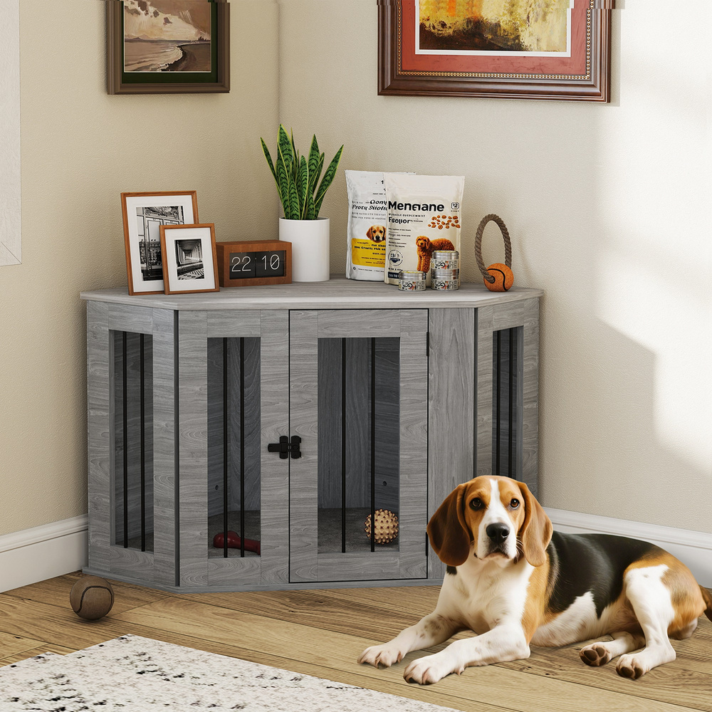PawHut 2 in 1 Dog Crate Furniture Side Table with Cushion for Medium Dogs, 104 x 55 x 63cm - Grey