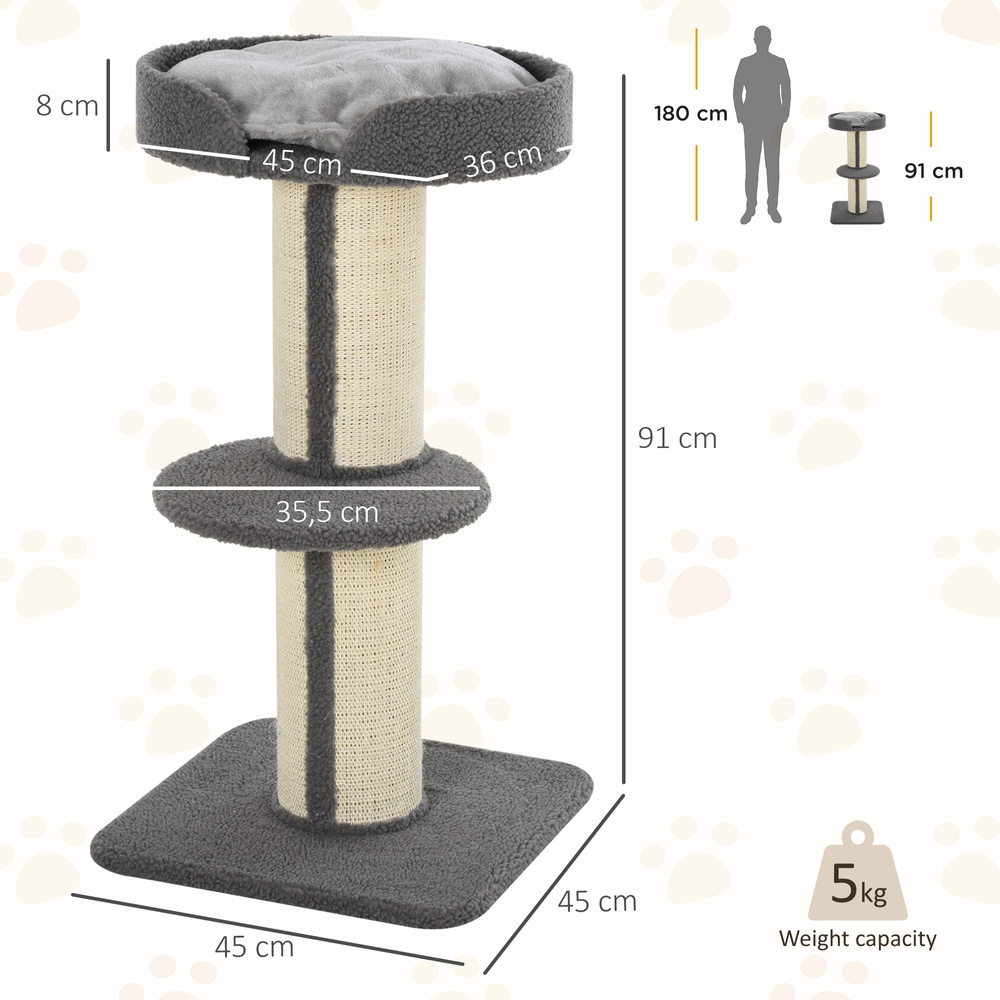 PawHut 91cm Cat Tree, Cat Tower with Scratching Post, Bed, Perch, Removable Cushion for Indoor Kittens, Grey