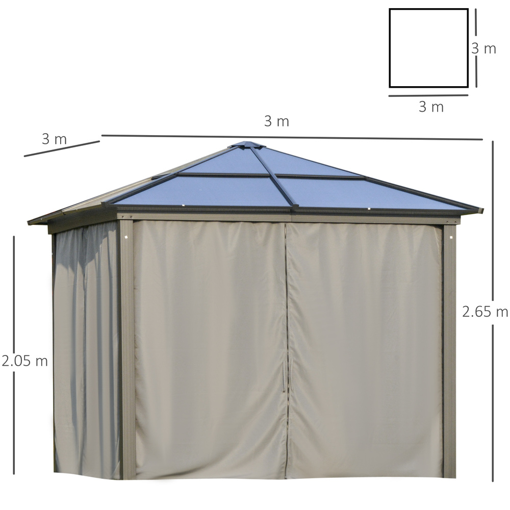 Outsunny 3 x 3(m) Hardtop Gazebo Canopy with Polycarbonate Roof, Aluminium Frame, Permanent Pavilion Garden Gazebo with Netting and Curtains for Patio, Deck, Dark Grey