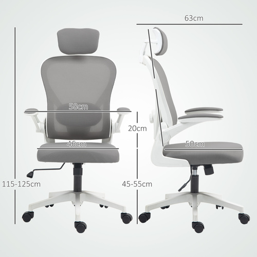 HOMCOM Executive Office Chair, Ergonomic Mesh High Back Desk Chair with Flip-up Armrest, Rotatable Headrest, Adjustable Lumbar Support for Home Study, Grey