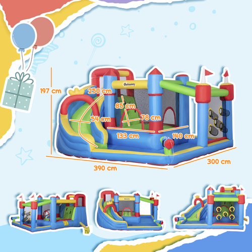 Outsunny 6 in 1 Kids Bouncy Castle, with Water Slide, Water Gun, Climbing Wall, Air Blower for Indoors/Outdoors, 3.9 x 3 x 2m