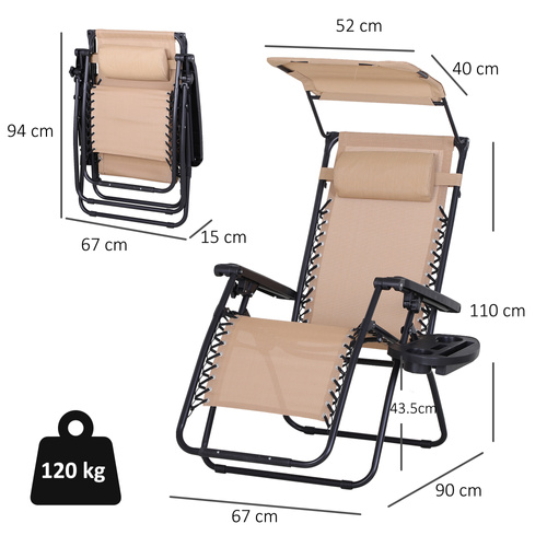 Outsunny Foldable Reclining Garden Chair with Headrest, Zero Gravity Deck Sun Lounger Seat Chair with Footrest, Armrest, Cup Holder & Canopy Shade, Beige