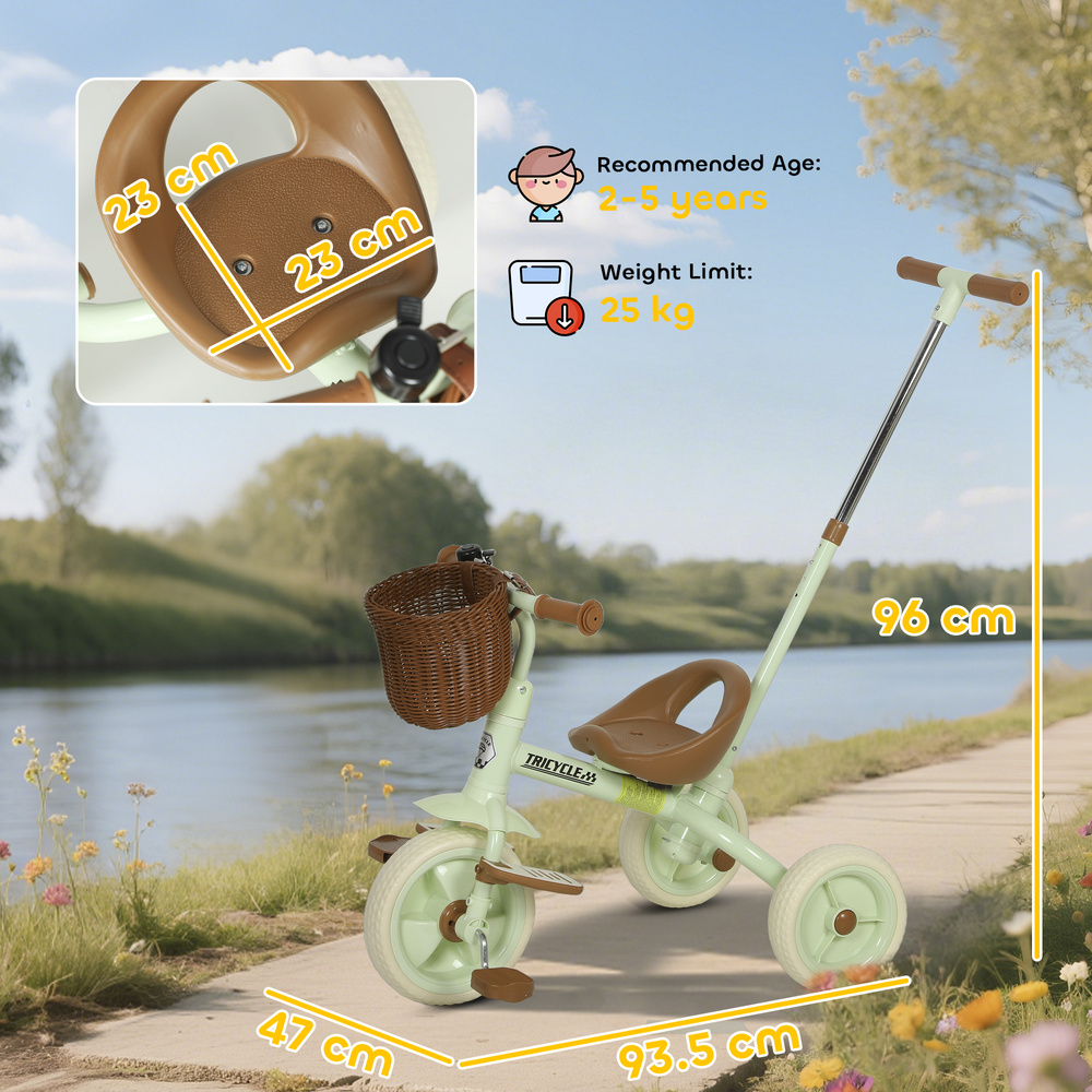 AIYAPLAY 2-In-1 Toddler Trike for 2-5 Years Old, 3 Wheel Bike with Adjustable Parent Handle, Basket for Boys and Girls, Green