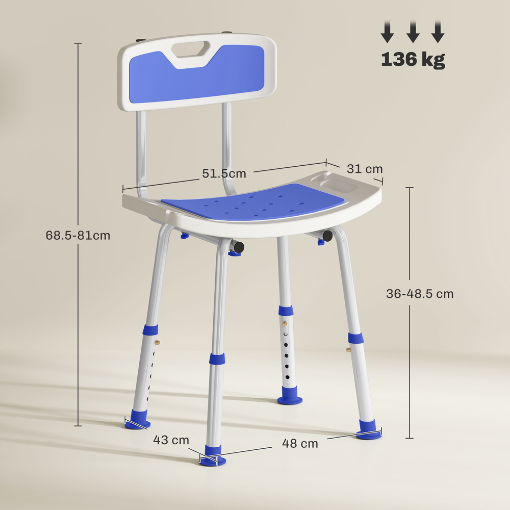 HOMCOM Shower Stool with Backrest, Height Adjustable Shower Chair with Anti-slip Foot Pads, Shower Head Holder, Blue
