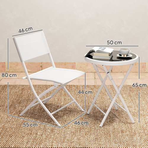 Outsunny 3 Pieces Outdoor Bistro Set, Glass Top Outdoor Table and 2 Folding Chairs with Protecting Feet, White