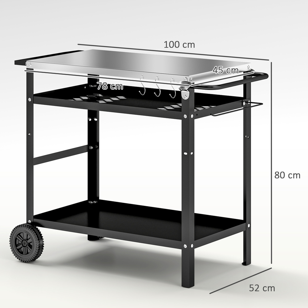 Outsunny BBQ Trolley with Stainless Steel Top Adjustable Shelf, Outdoor Kitchen Barbecue Station with Hooks Seasoning Tray Towel Rack, Pizza Oven Table Movable Grill Dining Cart with Cover, Black
