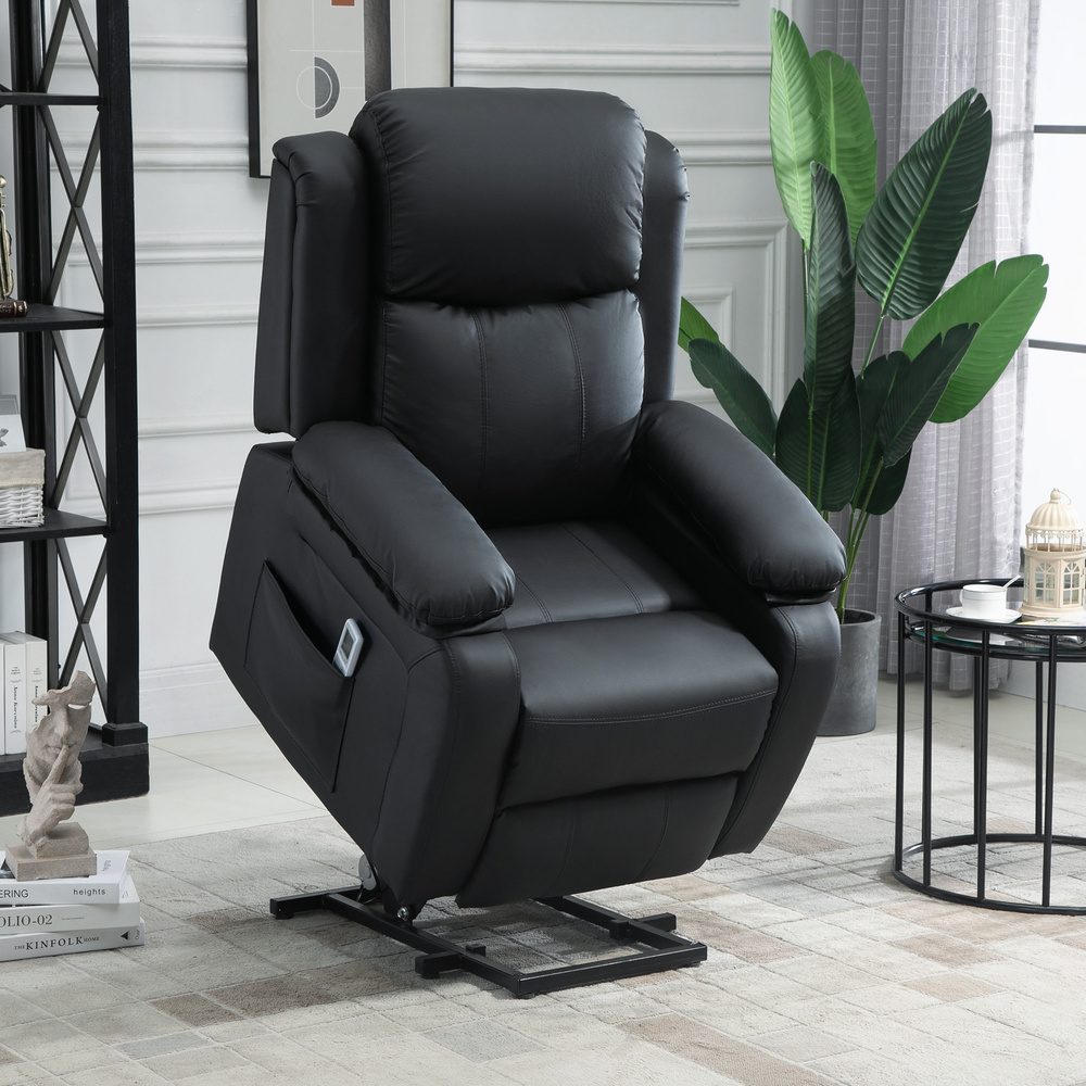 HOMCOM Riser and Recliner Chair with Massage, Power Lift Recliner Chair for Elderly with Remote Control, Extended Footrest, Dual Side Pockets, Overstuffed Electric Reclining Armchair, Black
