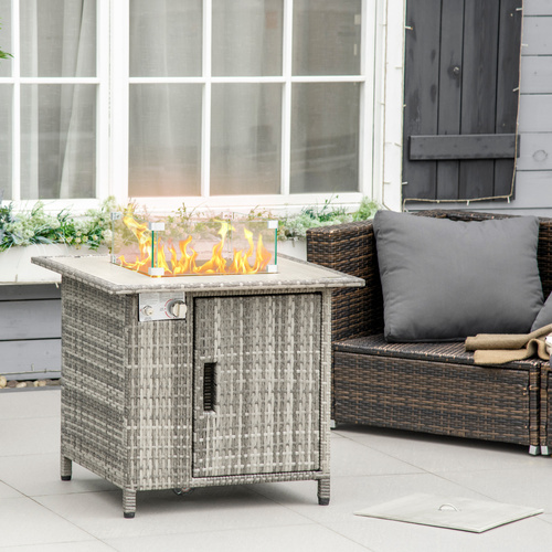 Outsunny 14.5 KW Rattan Gas Fire Pit Dining Table with Rain Cover, Wind Guard, Lid, Lava Rocks, Grey