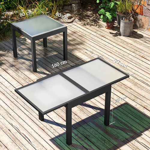 Outsunny Extending Garden Table, Outdoor Dining Table with Aluminium Frame and Tempered Glass Tabletop, 80/160 x 80 x 75 cm, Black and Clear